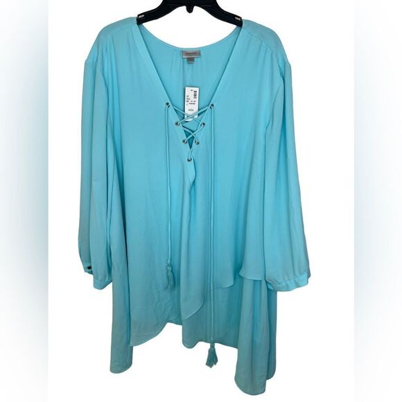 Avenue Light Blue 3/4 Sleeve Tie Neck Asymmetrical Chiffon Blouse 26/28 - Picture 1 of 13